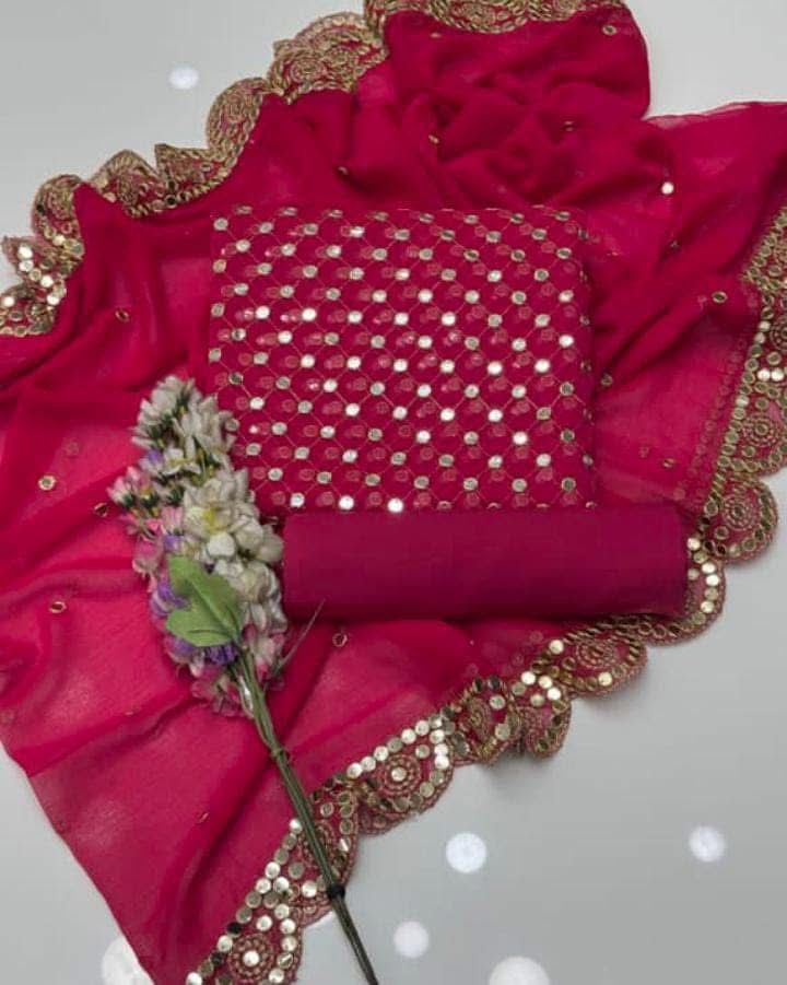 π Luxury 9MM Chiffon 3-Piece Dress β Elegant Mirror Work β¨(ATISHI)