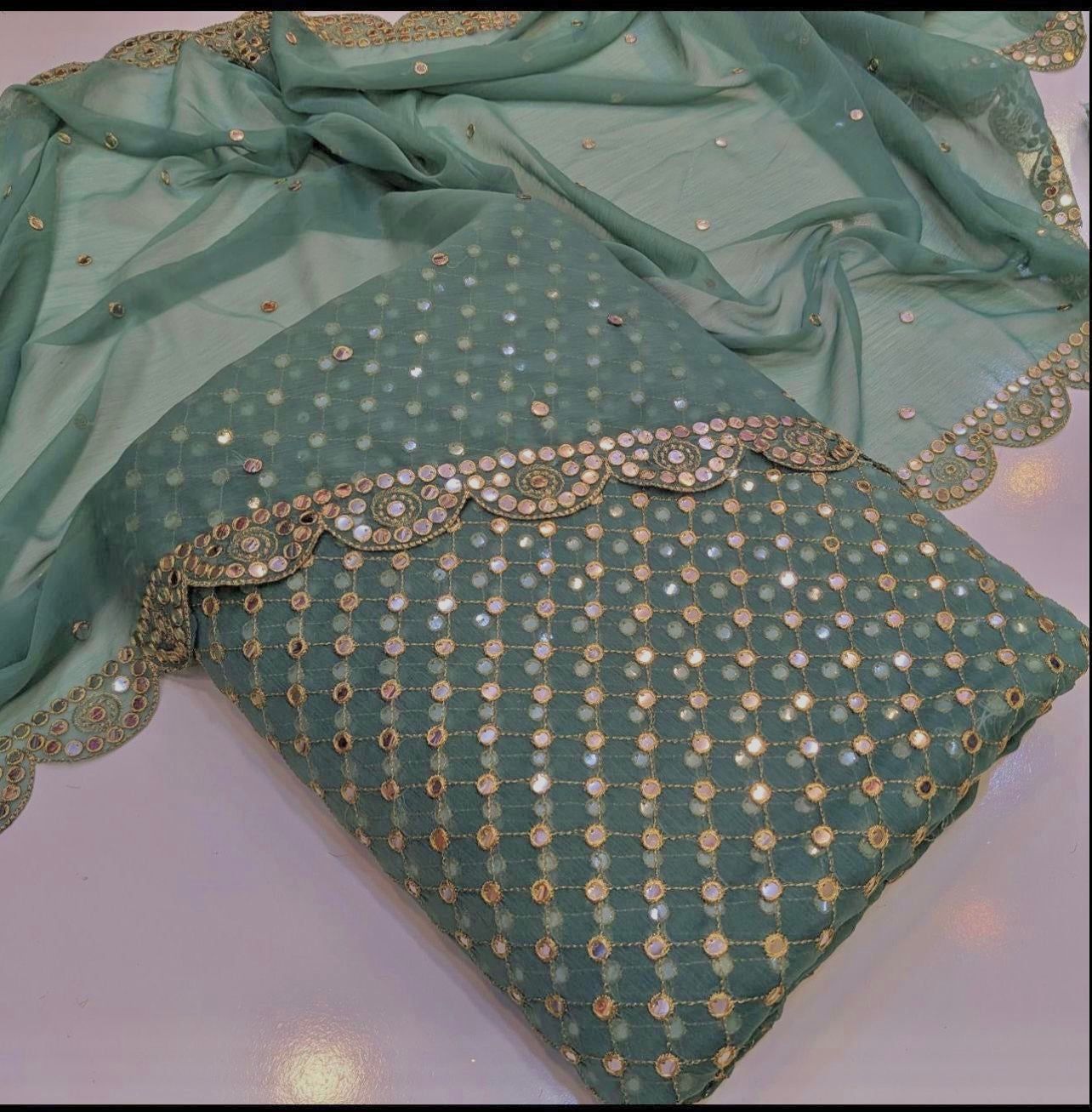 π Luxury 9MM Chiffon 3-Piece Dress β Elegant Mirror Work β¨(MINT-GREEN)
