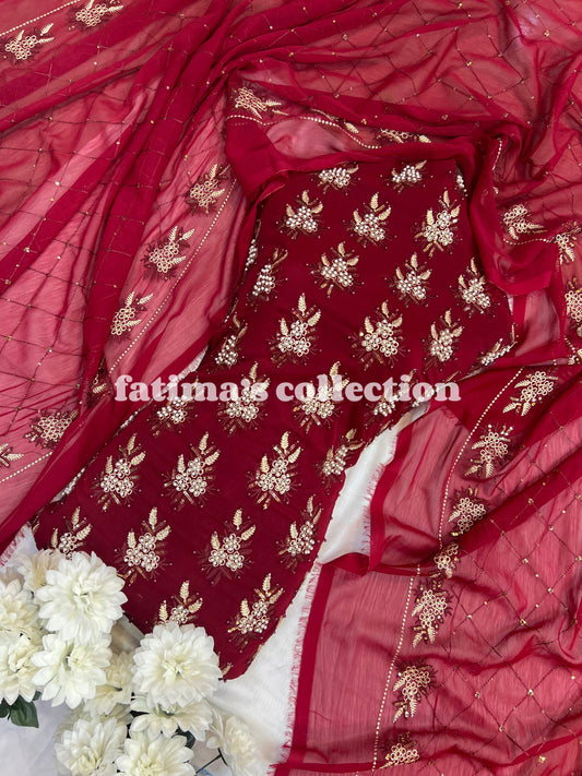 💖 3-Piece Soft Chiffon with Fine Pules 💖(REDISH-MEHRON)