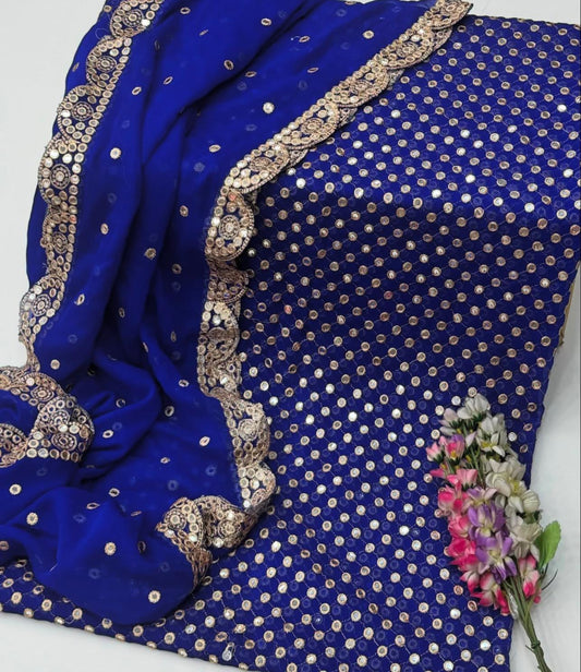 🌟 Luxury 9MM Chiffon 3-Piece Dress – Elegant Mirror Work ✨(ROYAL-BLUE)