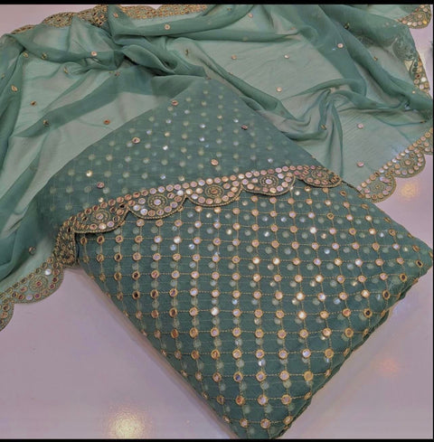 🌟 Luxury 9MM Chiffon 3-Piece Dress – Elegant Mirror Work ✨(MINT-GREEN)